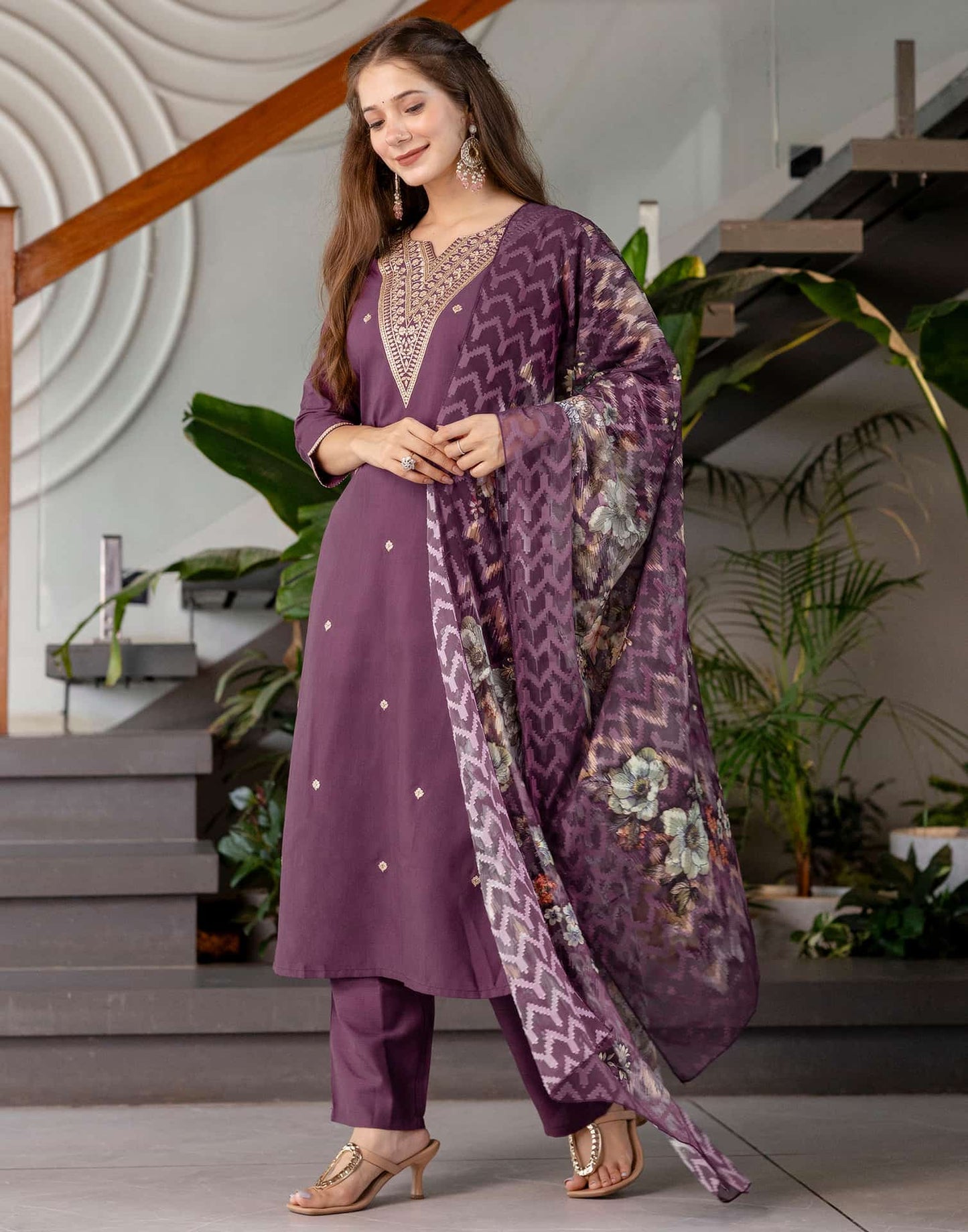 Cotton Blend Embroidered Straight Kurta with Pant & Dupatta