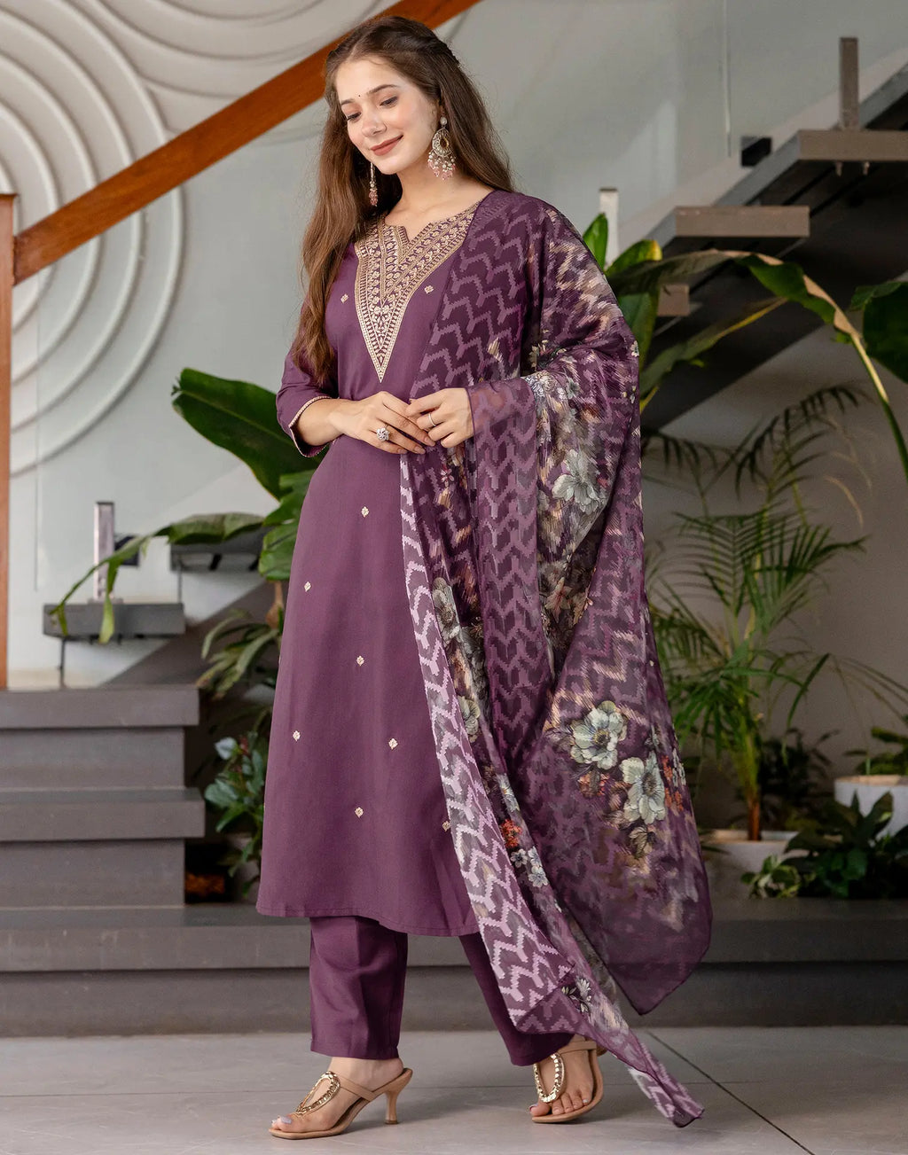 Cotton Blend Embroidered Straight 3 Piece Kurta Set