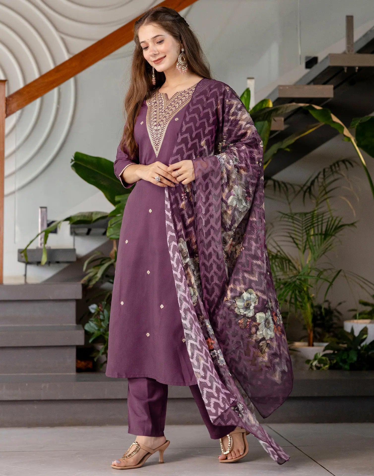 Cotton Blend Embroidered Straight 3 Piece Kurta Set