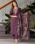 Cotton Blend Embroidered Straight 3 Piece Kurta Set