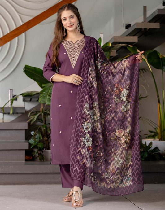 Cotton Blend Embroidered Straight Kurta with Pant & Dupatta