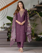 Cotton Blend Embroidered Straight 3 Piece Kurta Set