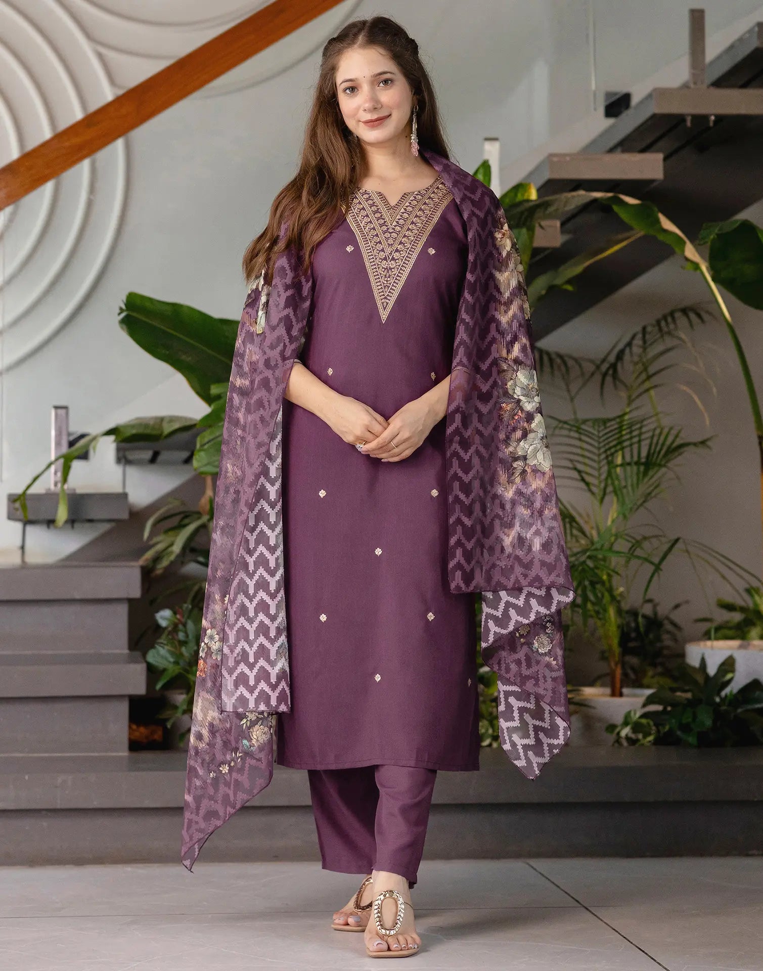 Cotton Blend Embroidered Straight 3 Piece Kurta Set
