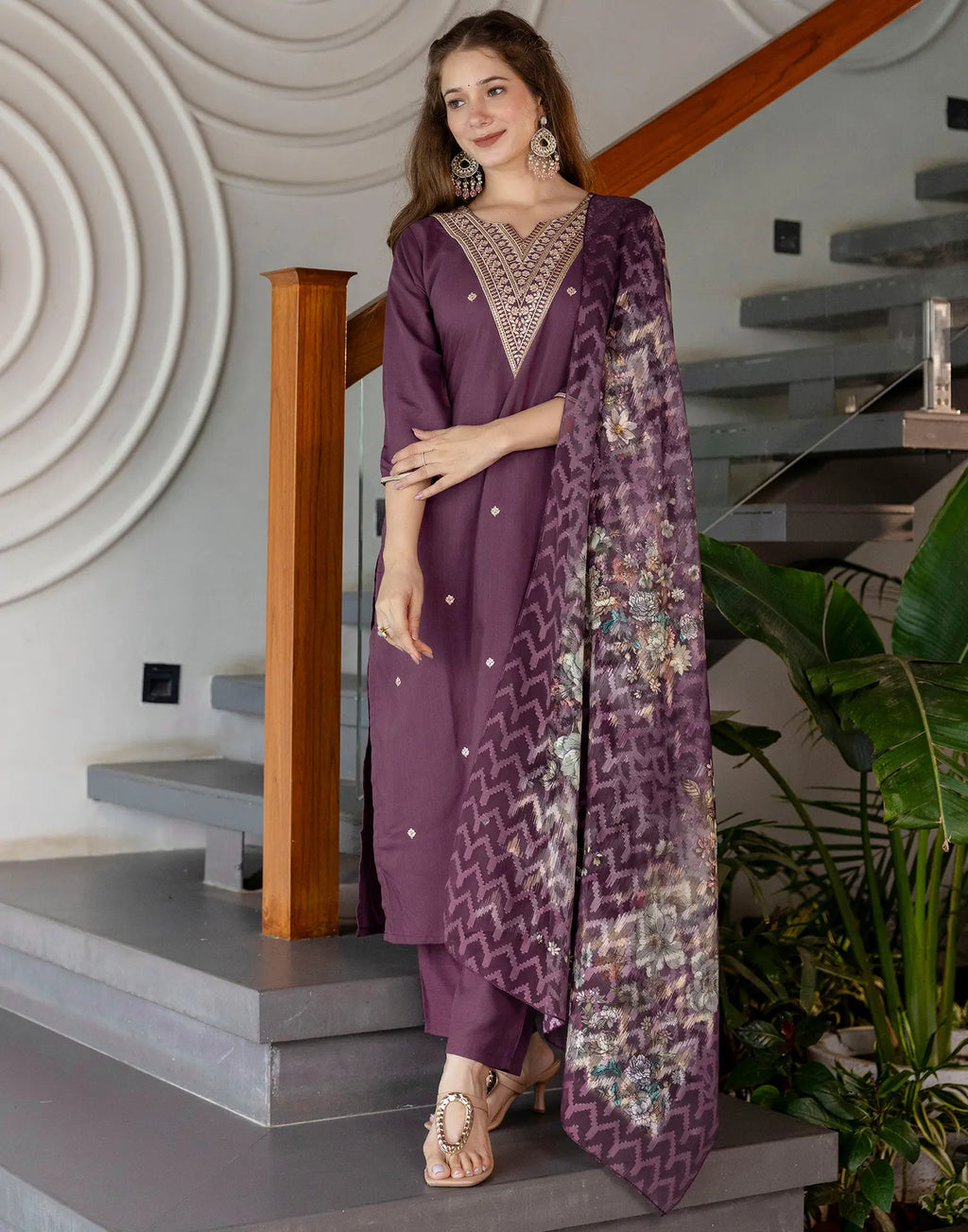 Cotton Blend Embroidered Straight 3 Piece Kurta Set