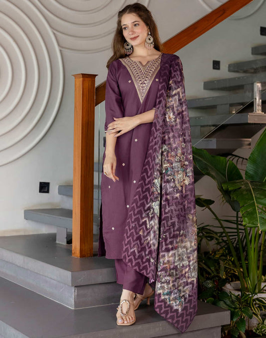 Cotton Blend Embroidered Straight Kurta with Pant & Dupatta
