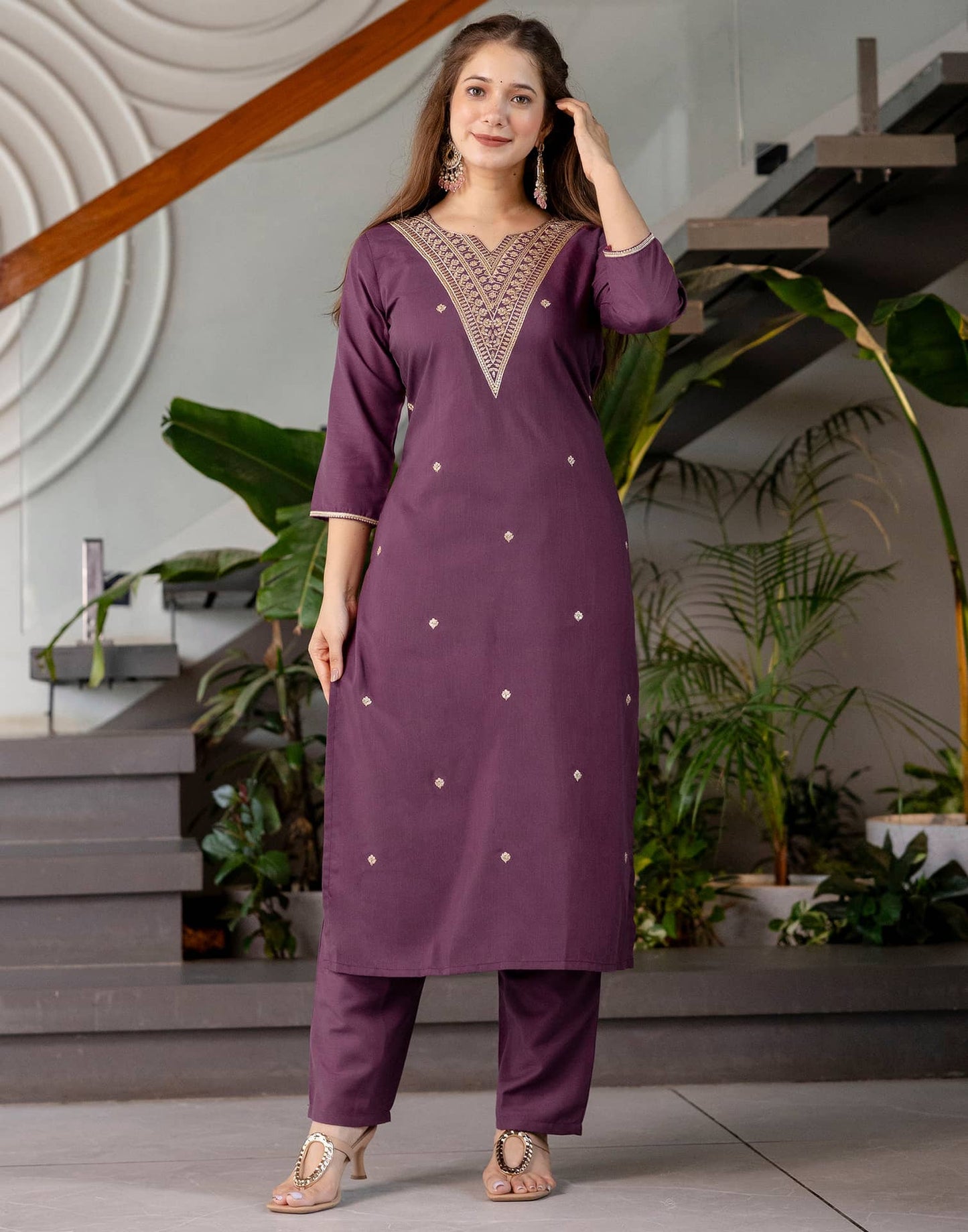 Cotton Blend Embroidered Straight Kurta with Pant & Dupatta