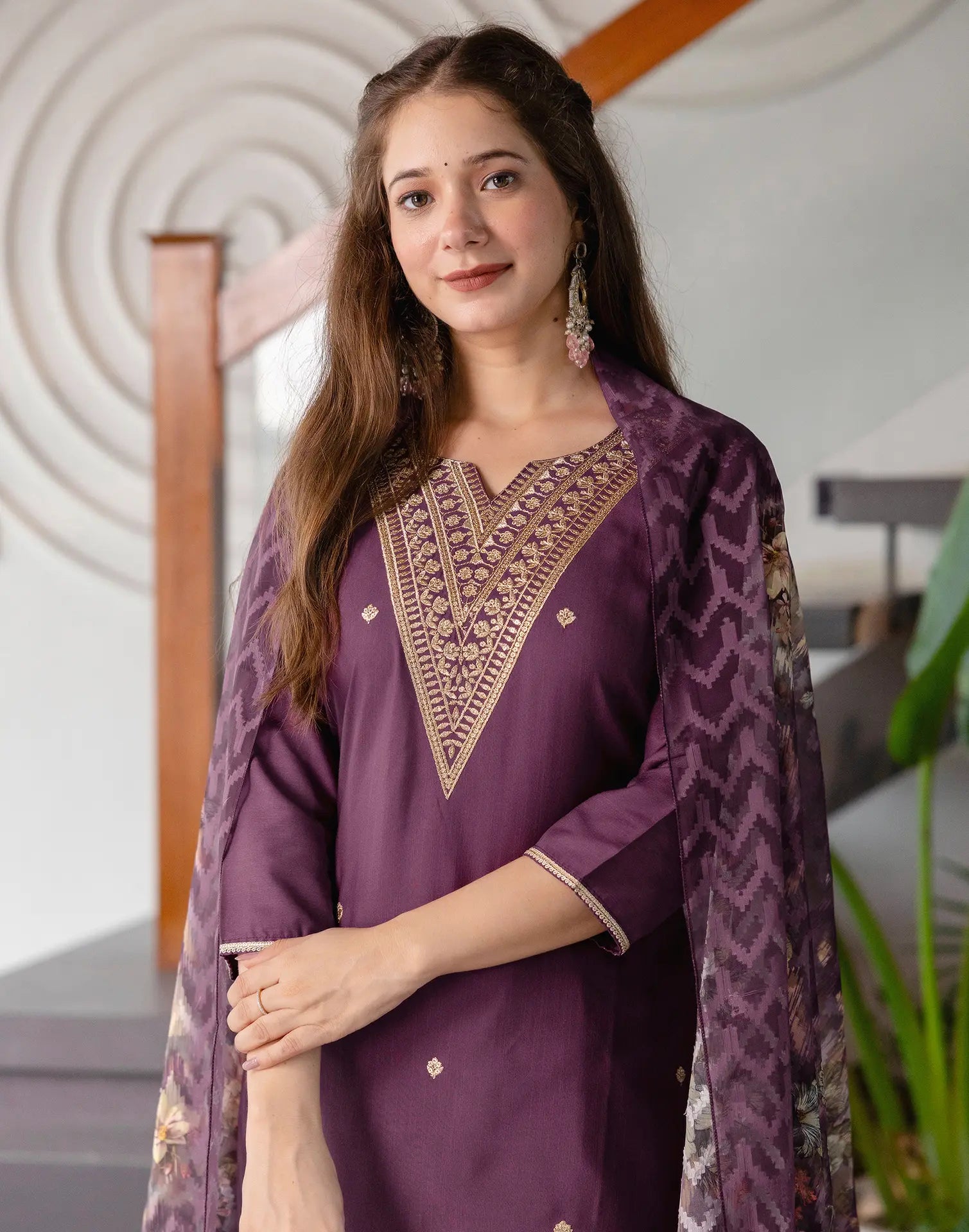 Cotton Blend Embroidered Straight 3 Piece Kurta Set