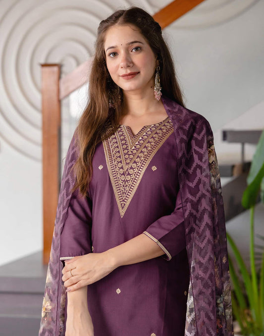 Cotton Blend Embroidered Straight Kurta with Pant & Dupatta