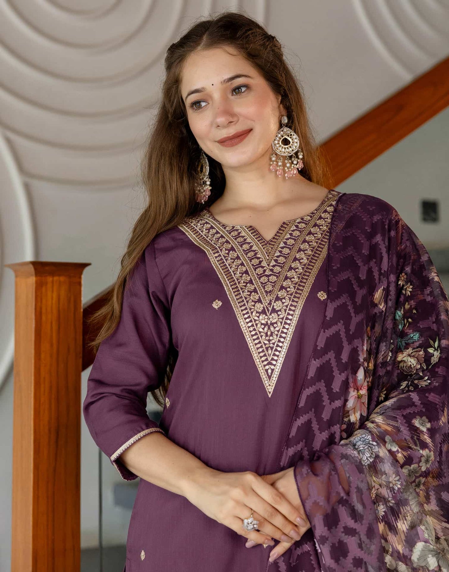 Cotton Blend Embroidered Straight Kurta with Pant & Dupatta