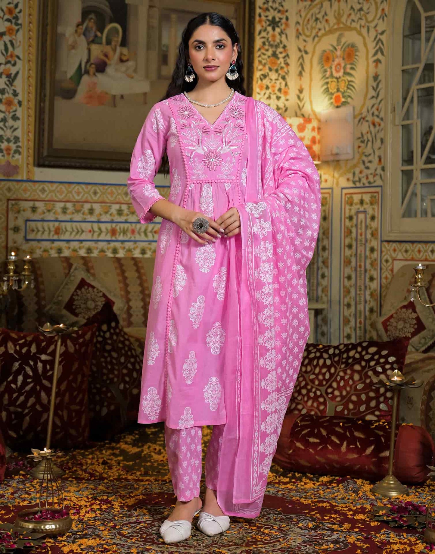 Cotton Straight Printed V-Neck Kurta with Pant & Dupatta