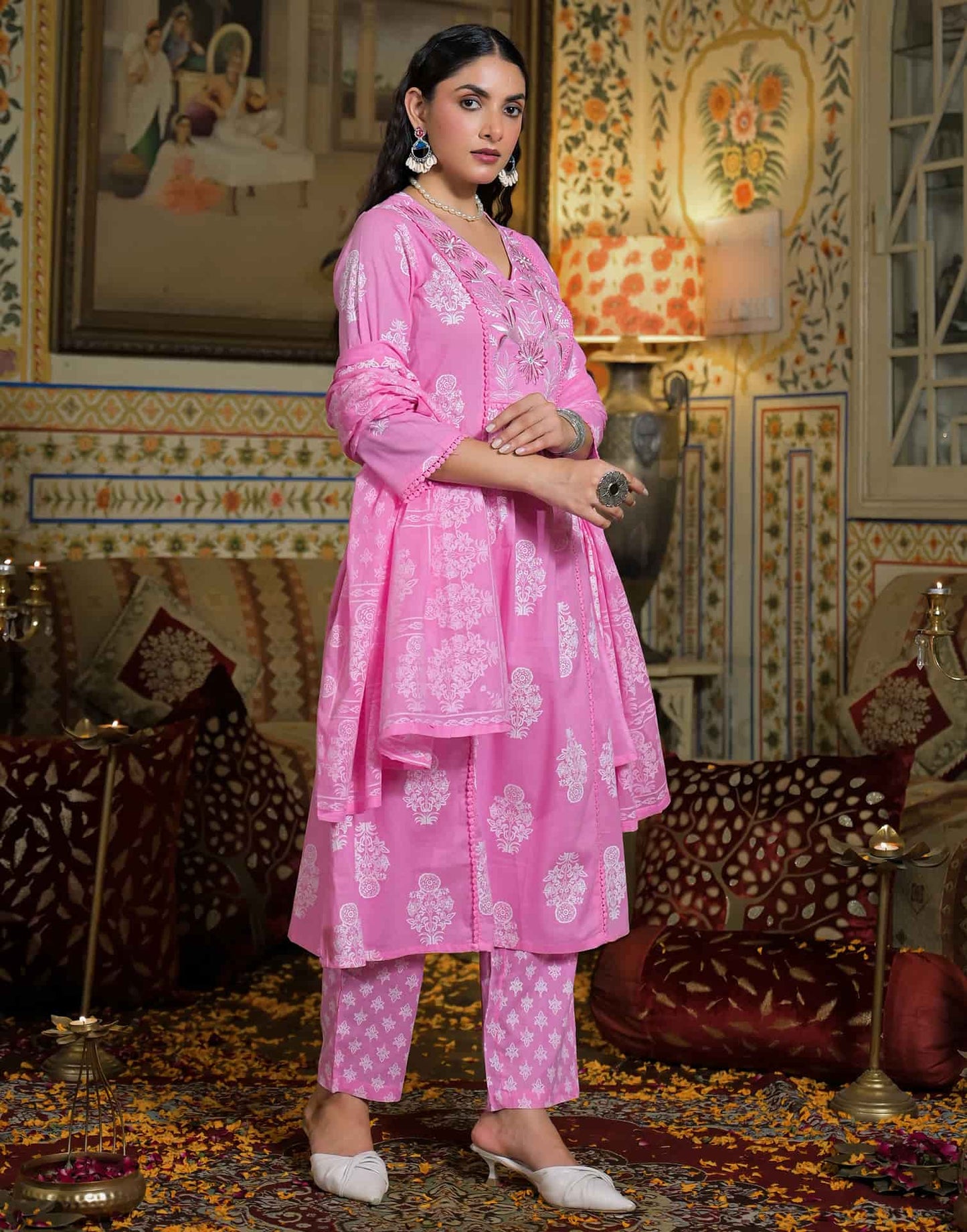 Cotton Straight Printed V-Neck Kurta with Pant & Dupatta