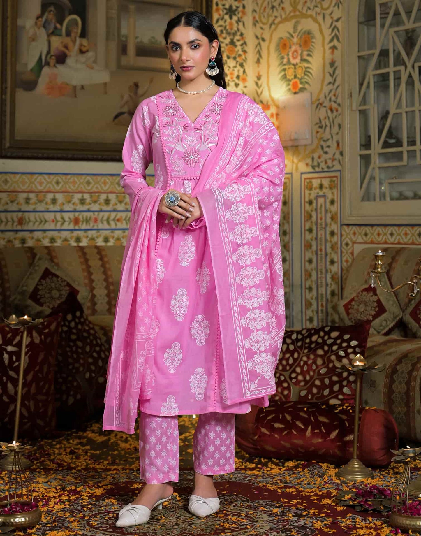 Cotton Straight Printed V-Neck Kurta with Pant & Dupatta