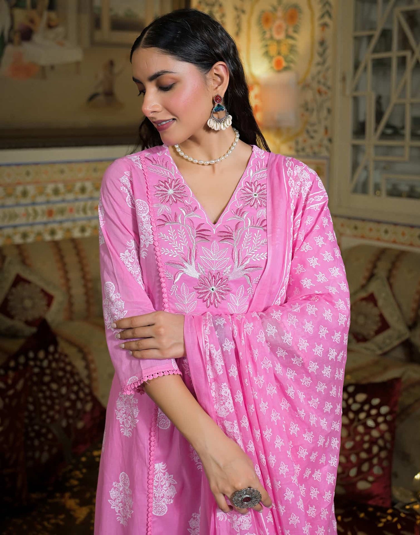 Cotton Straight Printed V-Neck Kurta with Pant & Dupatta