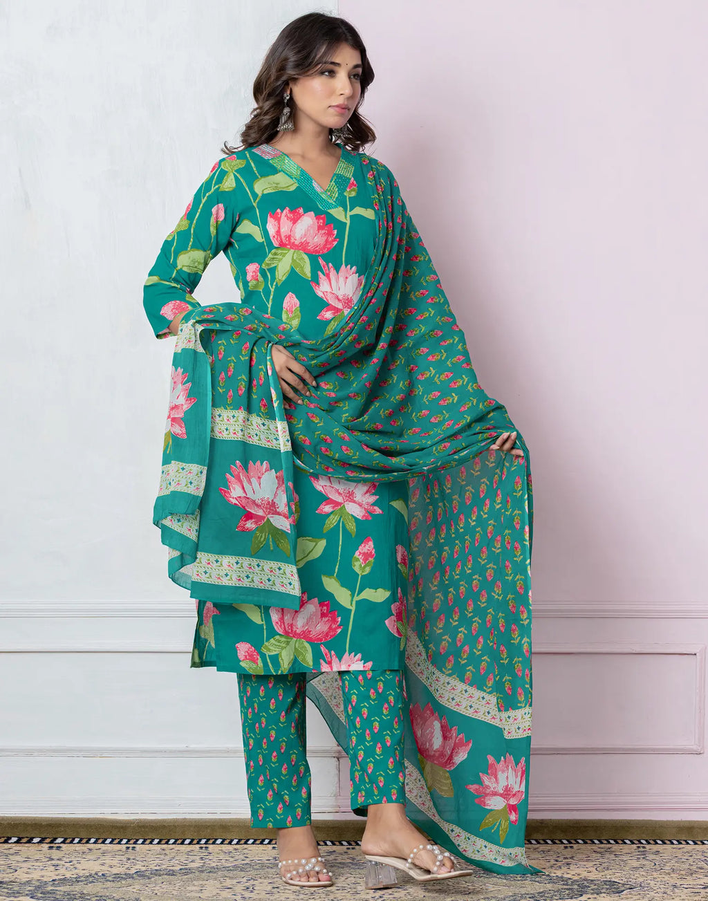 Viscose Rayon Floral Print Straight 3 Piece Kurta Set