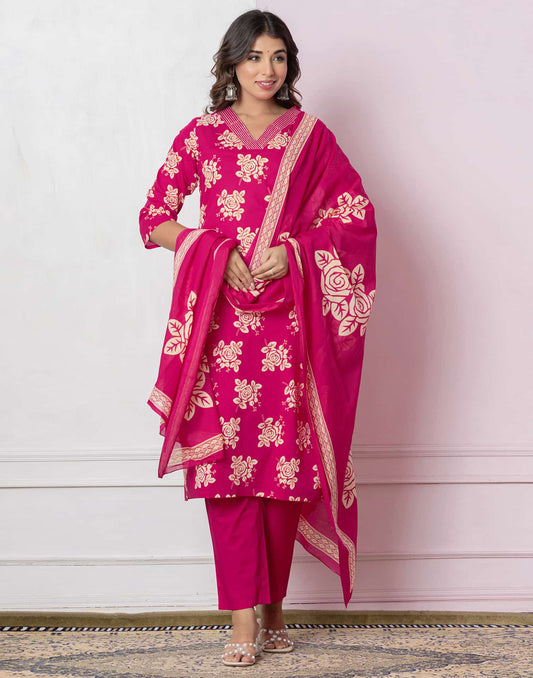 Cotton Printed Straight Kurta with Pant & Dupatta