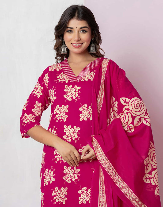 Cotton Printed Straight Kurta with Pant & Dupatta