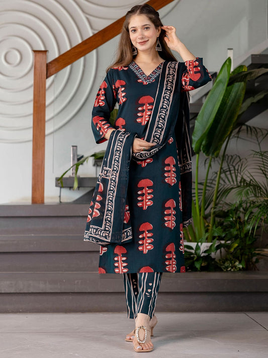 Cotton Printed Straight Kurta with Pant & Dupatta