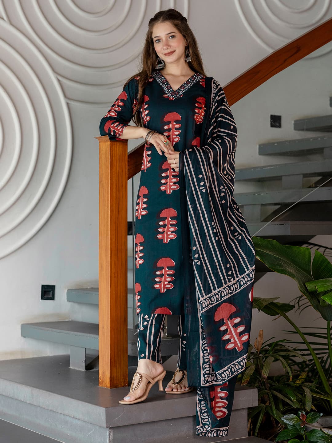 Cotton Printed Straight Kurta with Pant & Dupatta