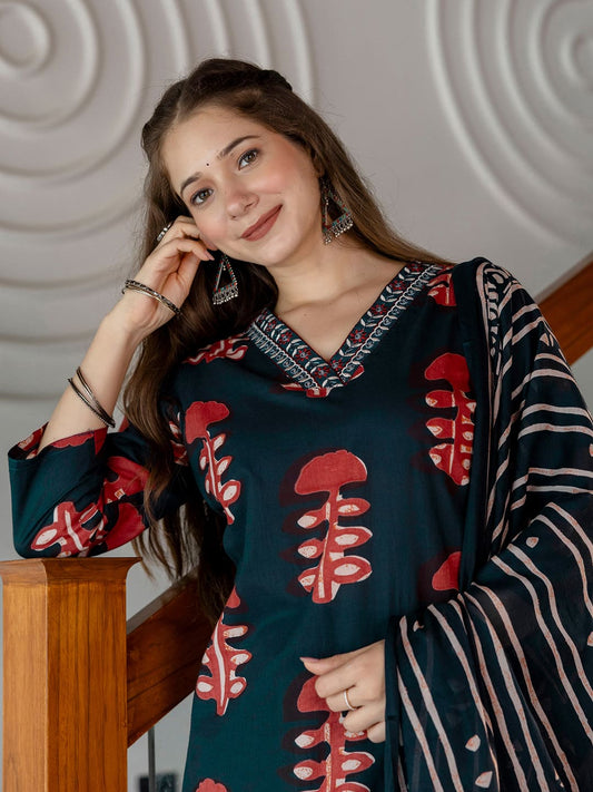 Cotton Printed Straight Kurta with Pant & Dupatta