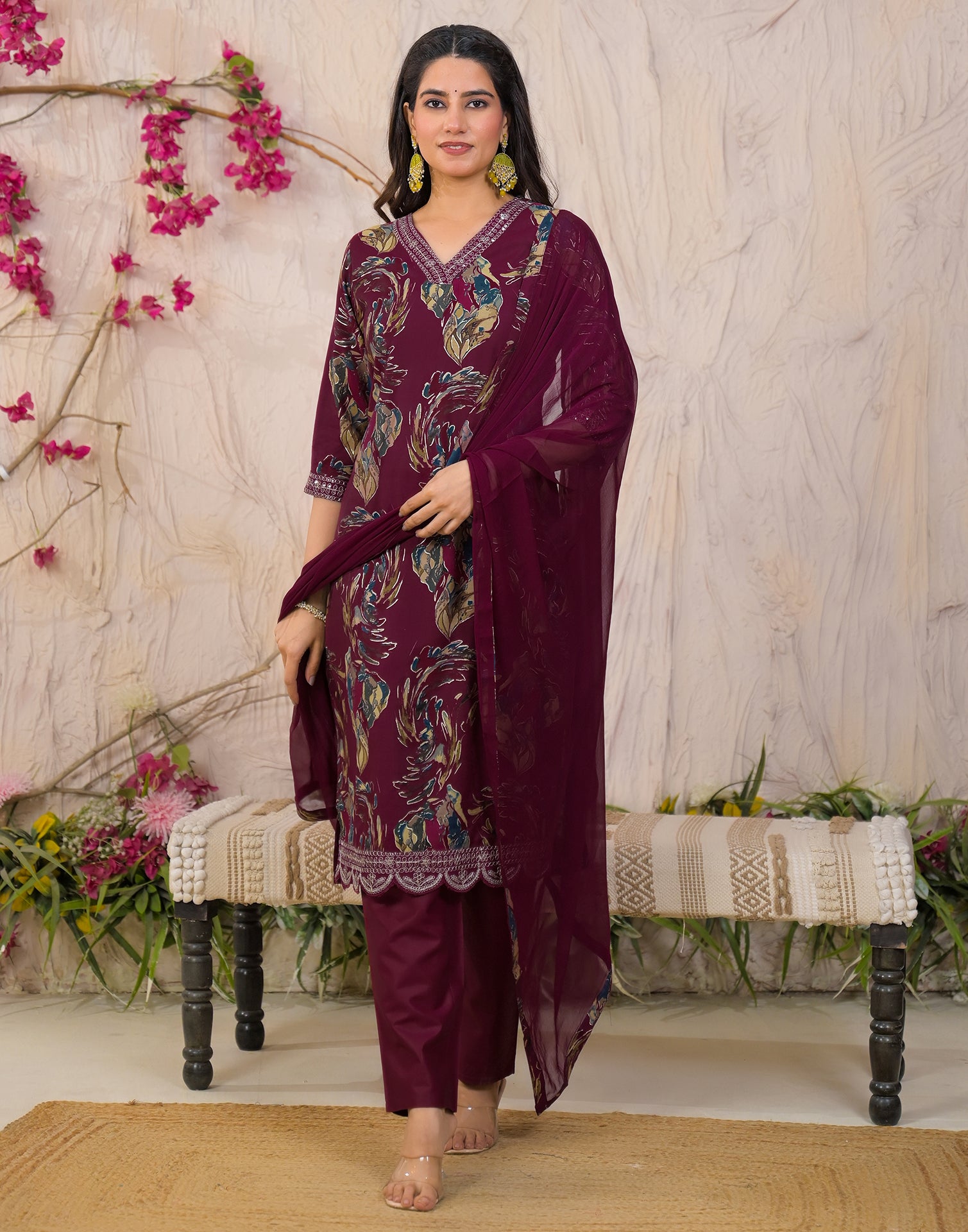 Skylee Silk Embroidered Straight 3 Piece Kurta Set For Woman