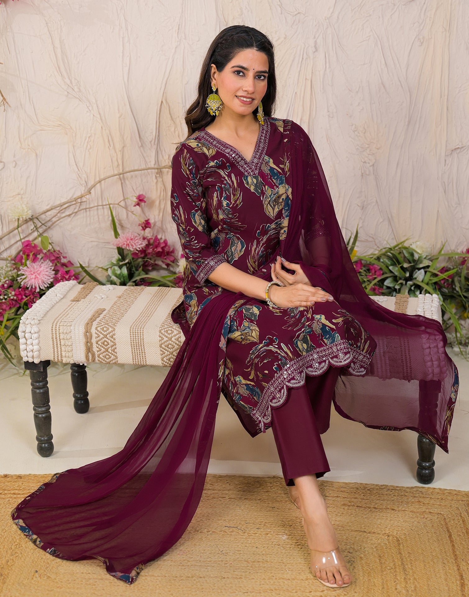 Skylee Silk Embroidered Straight 3 Piece Kurta Set For Woman