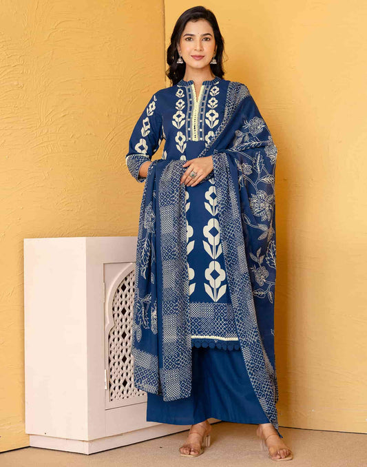 Cotton Printed Straight Kurta with Pant & Dupatta