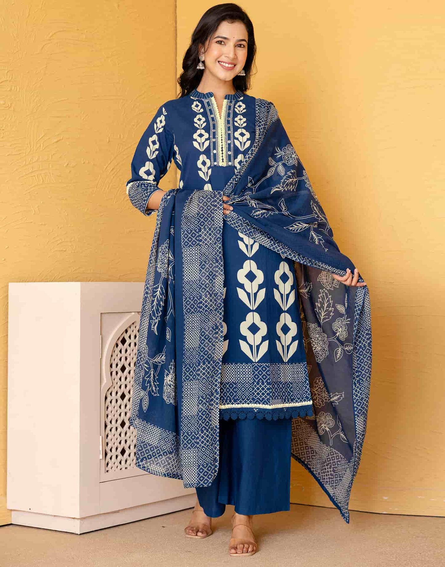 Cotton Printed Straight Kurta with Pant & Dupatta