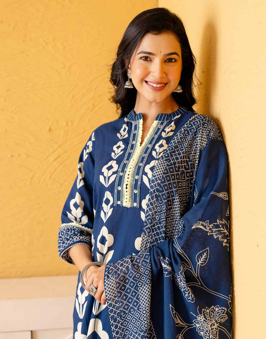 Cotton Printed Straight Kurta with Pant & Dupatta