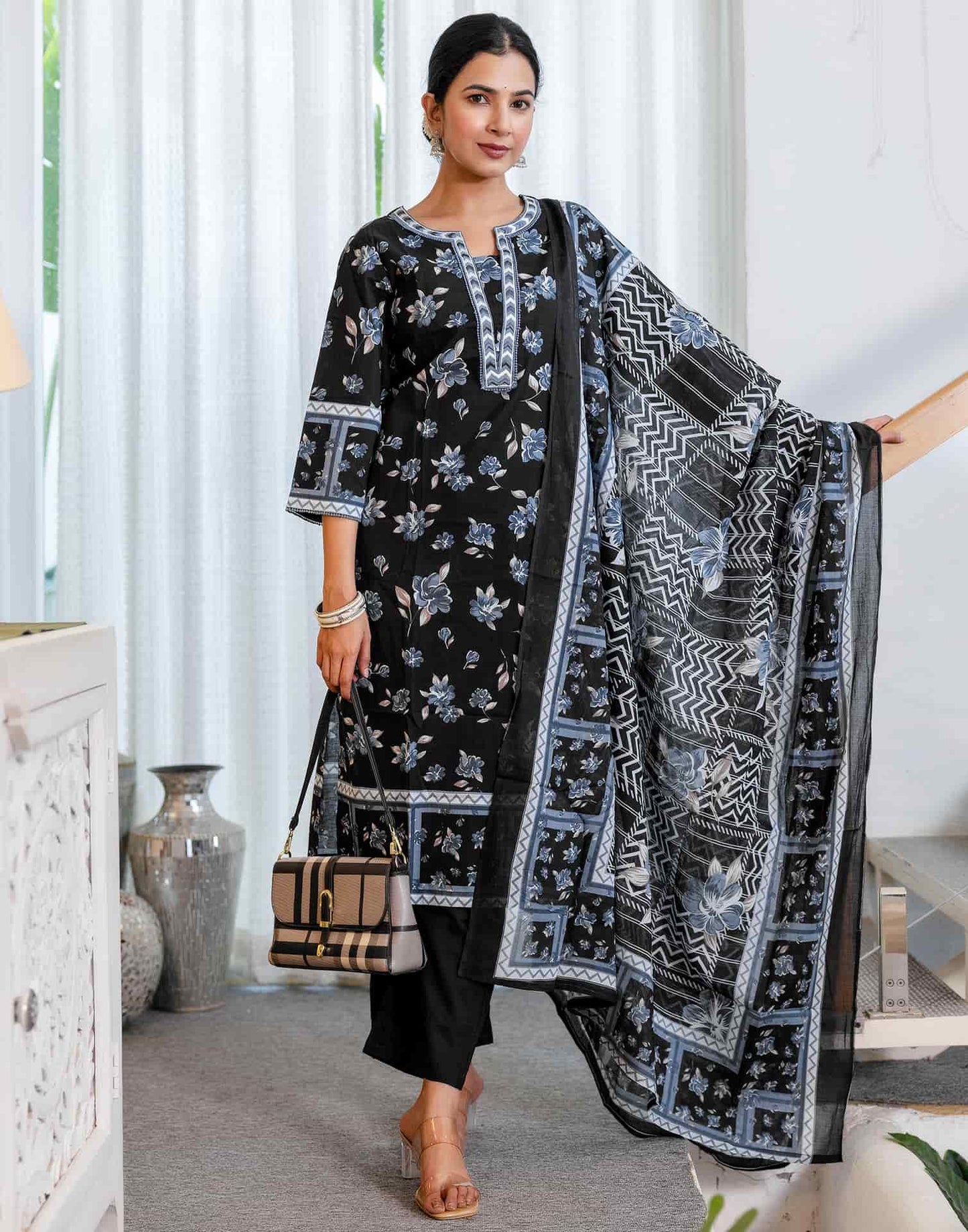 Cotton Printed Straight Kurta with Pant & Dupatta