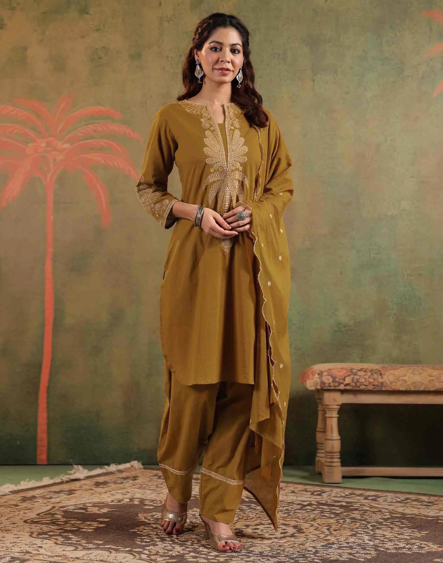 Cotton Embroidered Straight Round Neck Kurta with Pant & Dupatta