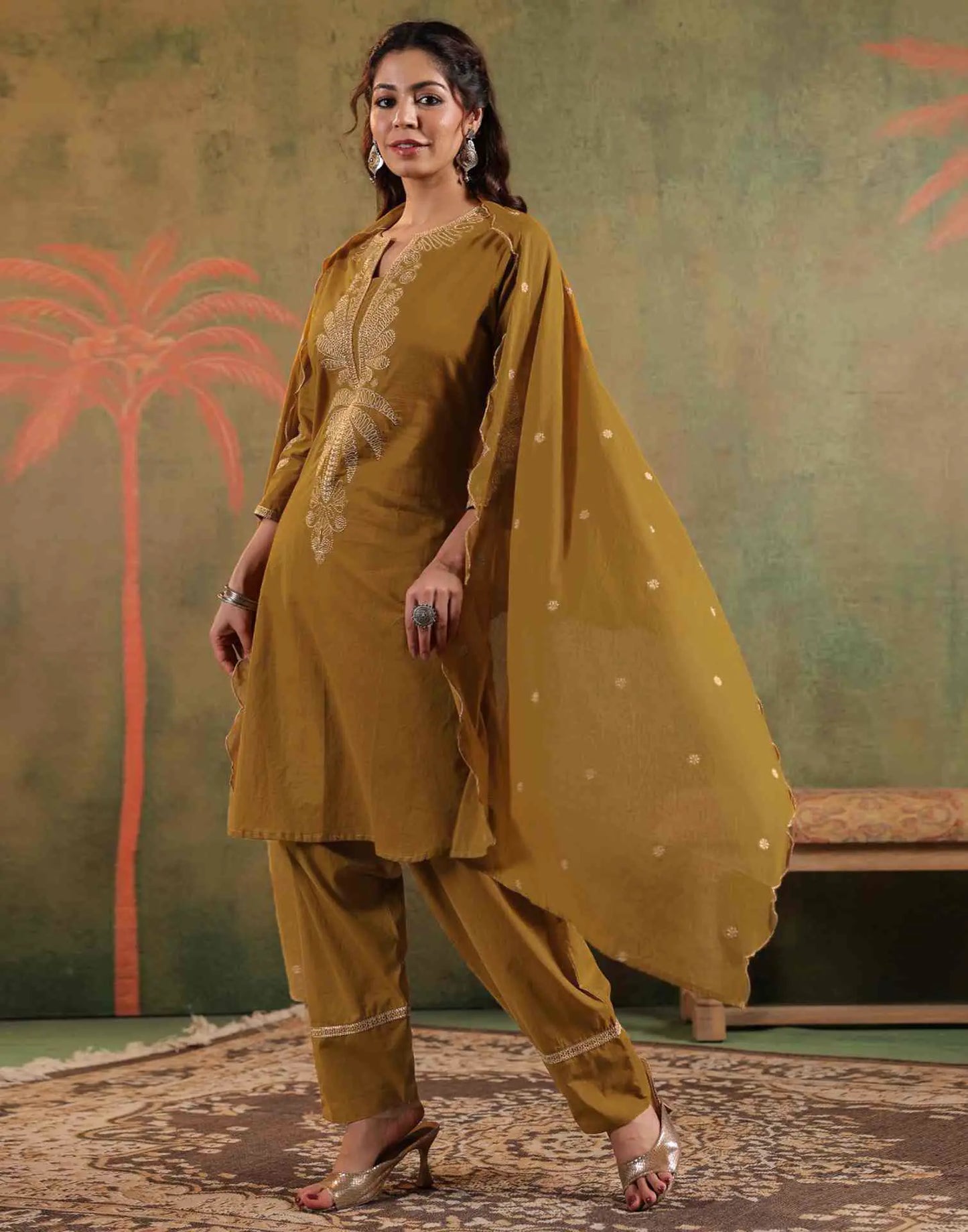 Cotton Embroidered Straight Round Neck Kurta with Pant & Dupatta