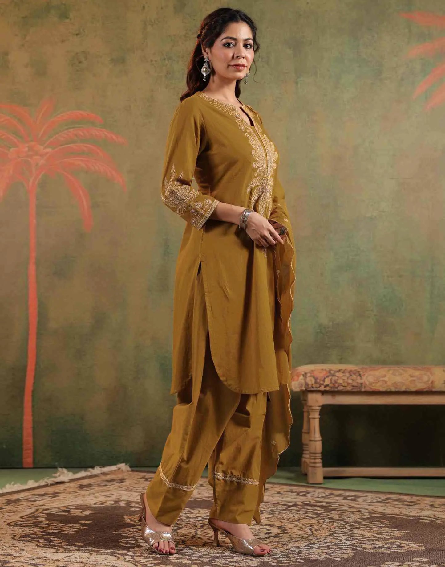 Cotton Embroidered Straight Round Neck Kurta with Pant & Dupatta