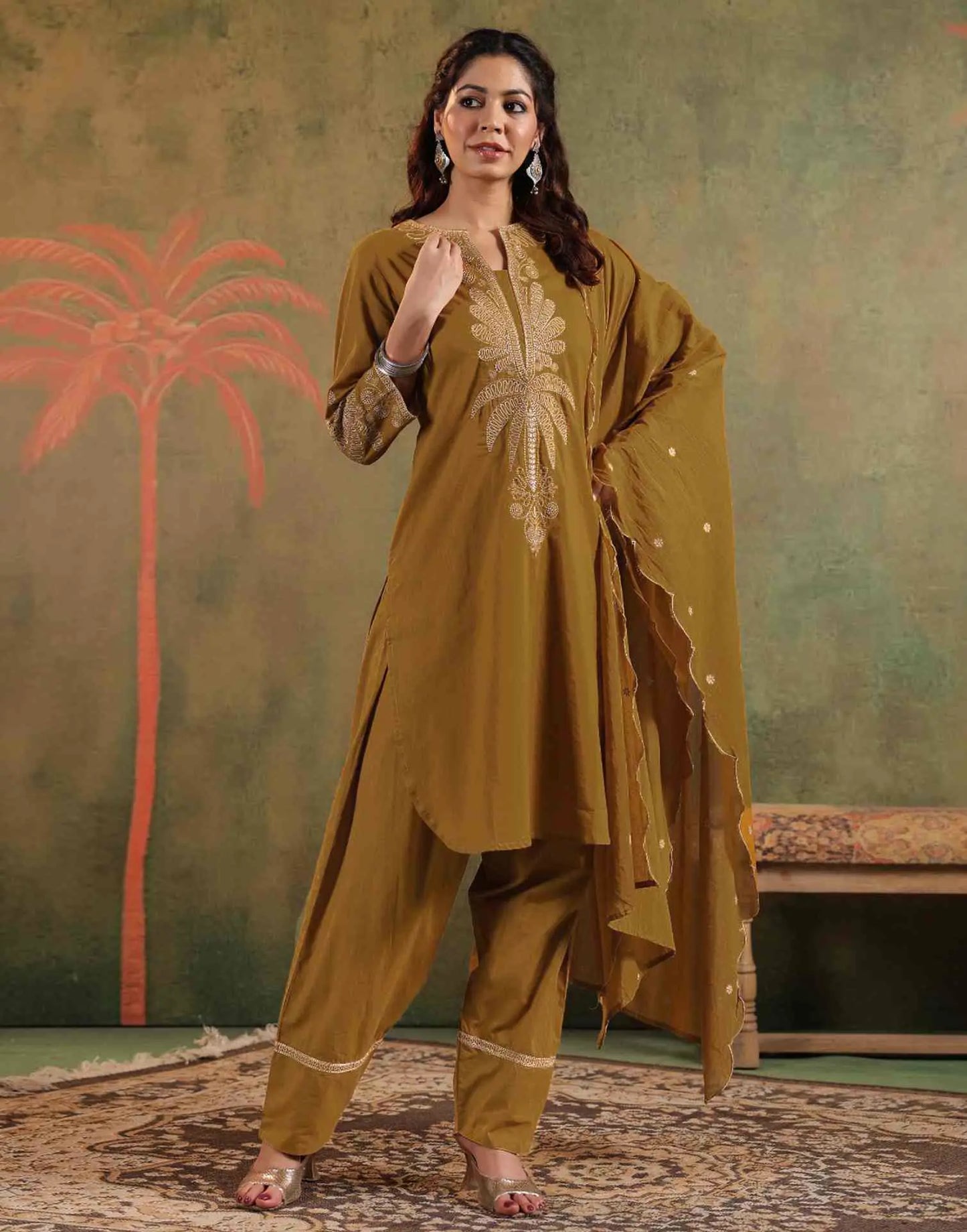 Cotton Embroidered Straight Round Neck Kurta with Pant & Dupatta