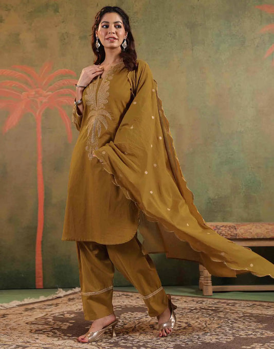 Cotton Embroidered Straight Round Neck Kurta with Pant & Dupatta