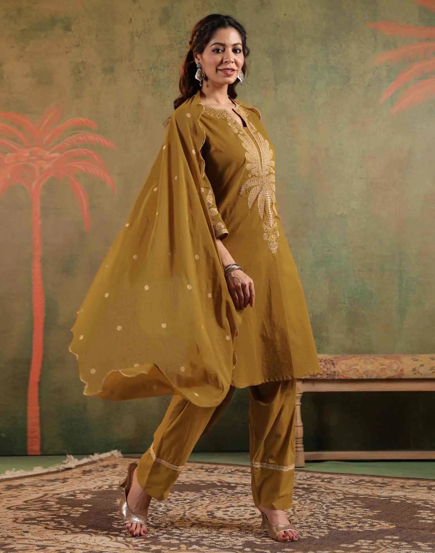 Cotton Embroidered Straight Round Neck Kurta with Pant & Dupatta