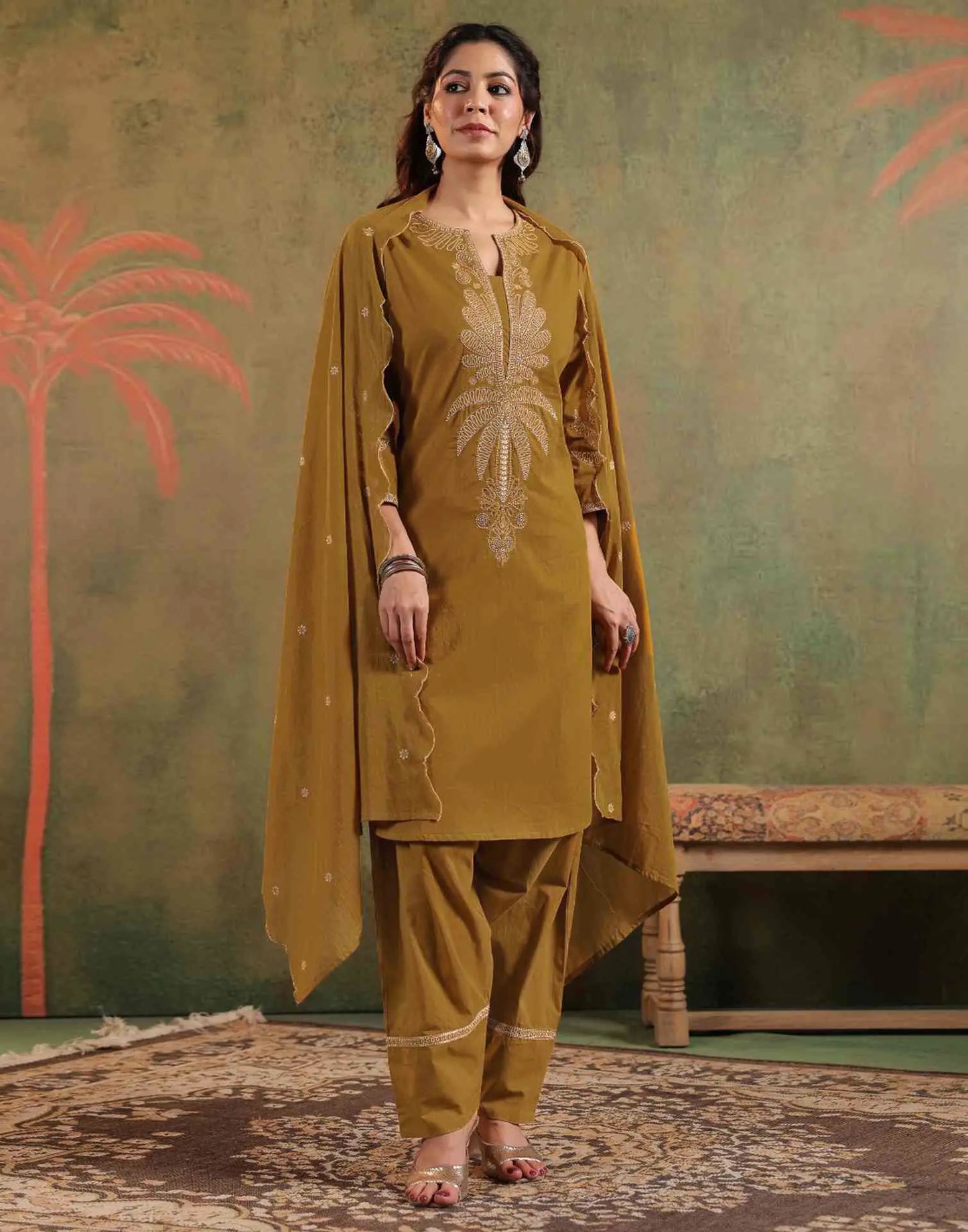 Cotton Embroidered Straight Round Neck Kurta with Pant & Dupatta