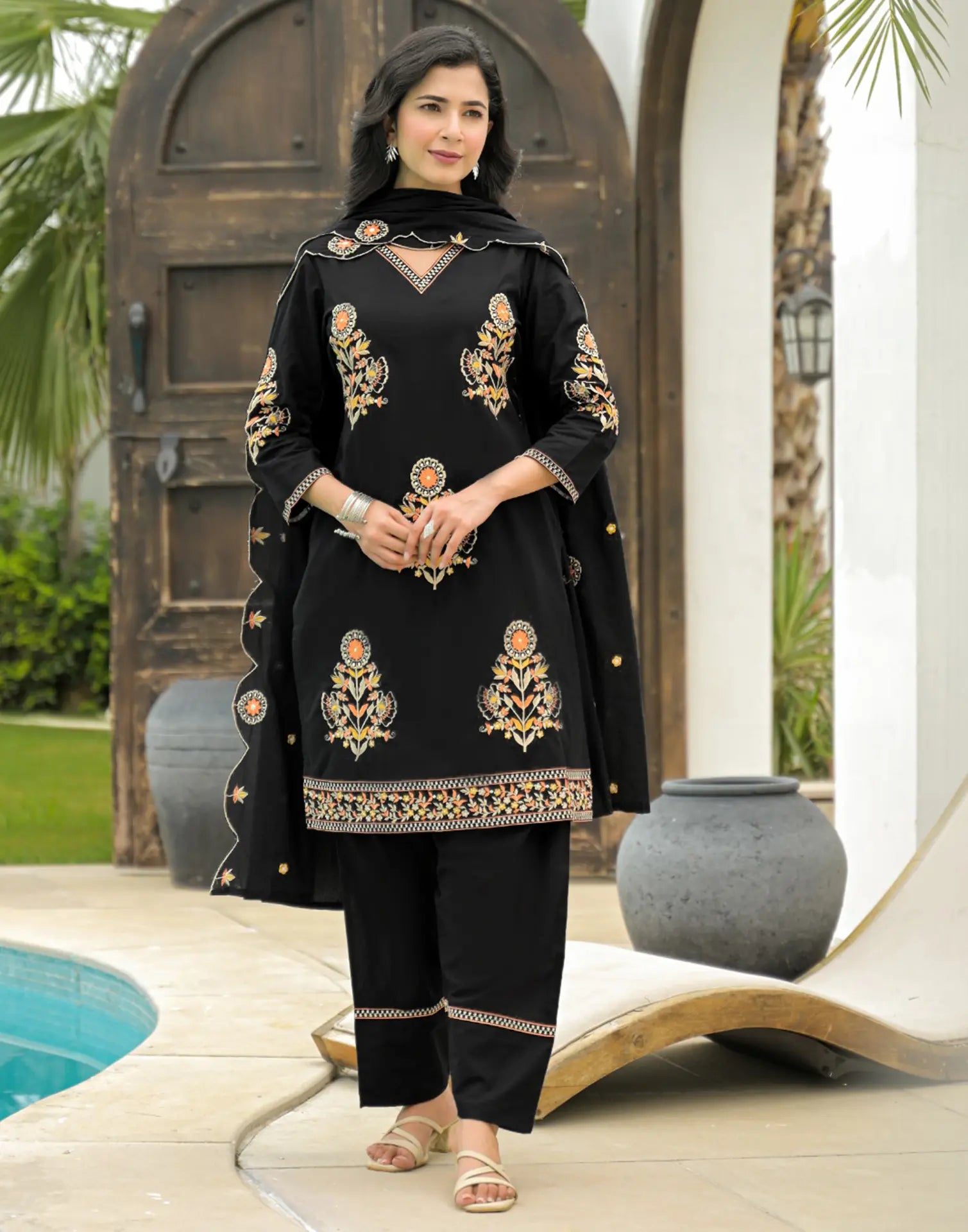 Pure Cotton Embroidered Straight 3 Piece Kurta Set