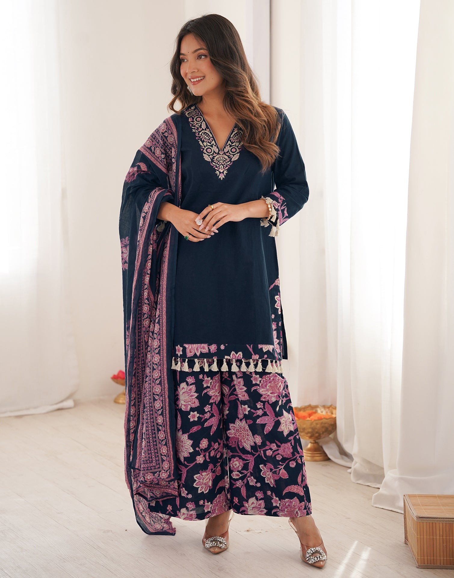 Skylee Cotton Embroidered Straight 3 Piece Kurta Set For Woman