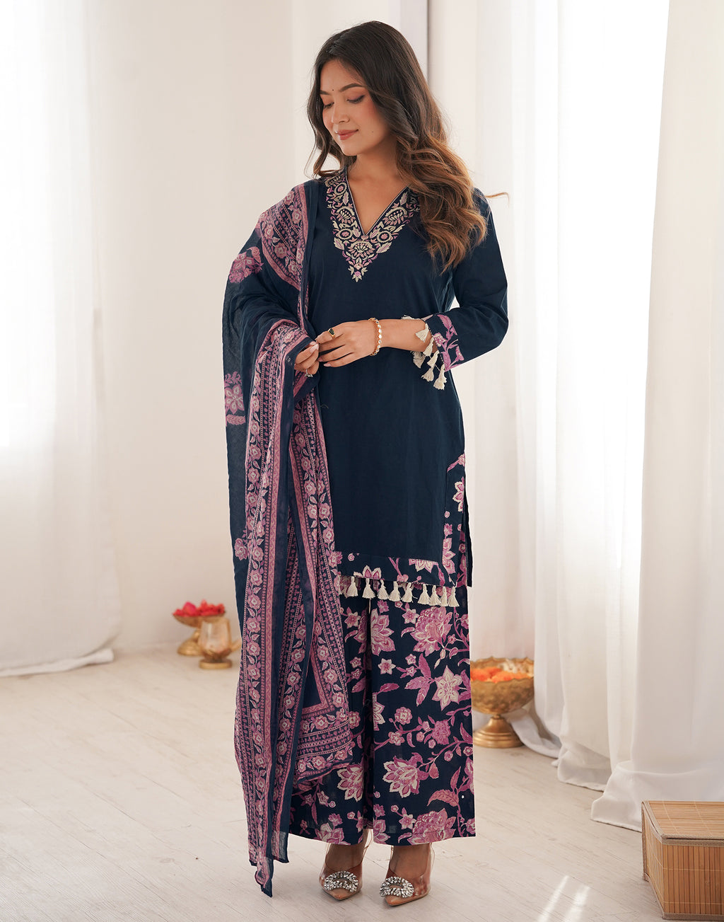Skylee Cotton Embroidered Straight 3 Piece Kurta Set For Woman