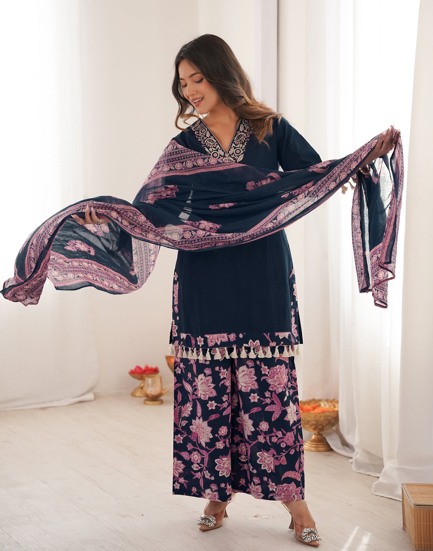 Skylee Cotton Embroidered Straight 3 Piece Kurta Set For Woman