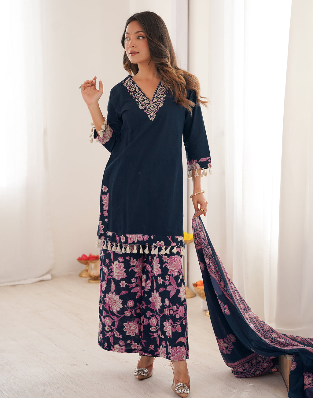 Skylee Cotton Embroidered Straight 3 Piece Kurta Set For Woman
