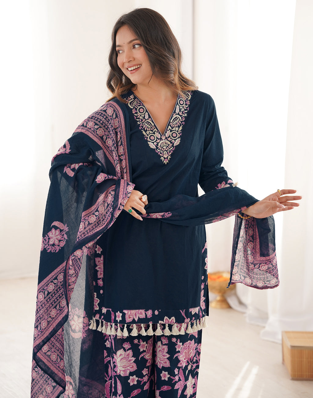 Skylee Cotton Embroidered Straight 3 Piece Kurta Set For Woman