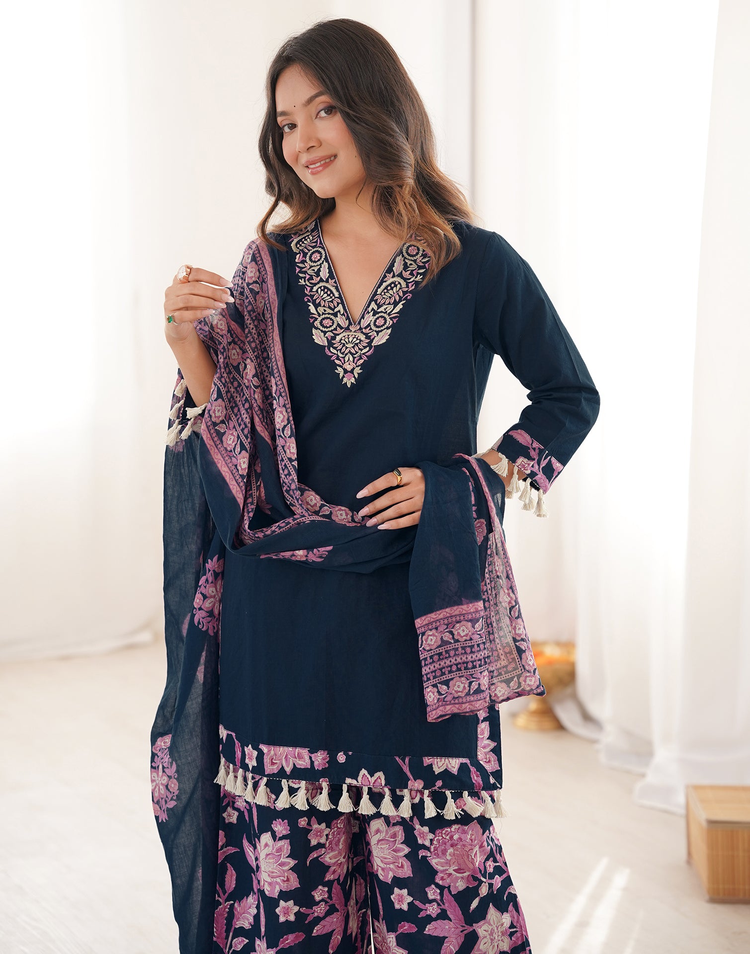 Skylee Cotton Embroidered Straight 3 Piece Kurta Set For Woman