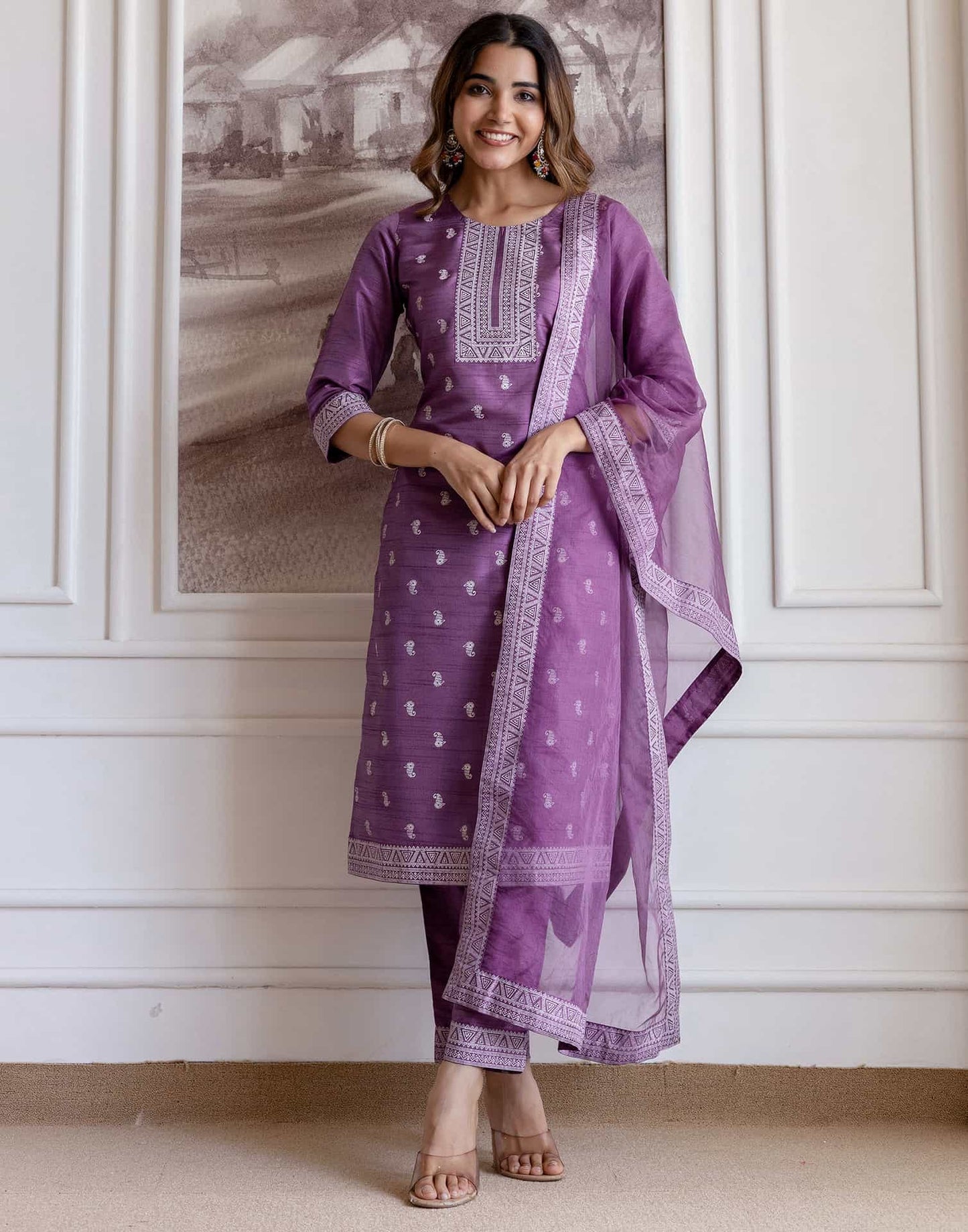 Silk Blend Printed Straight Kurta with Pant & Dupatta
