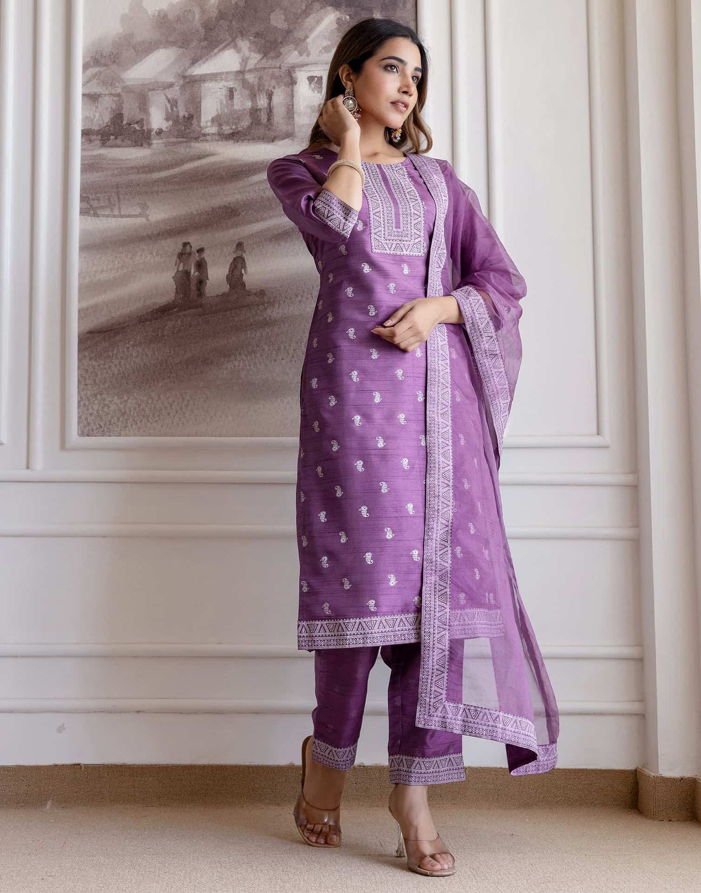 Silk Blend Printed Straight Kurta with Pant & Dupatta