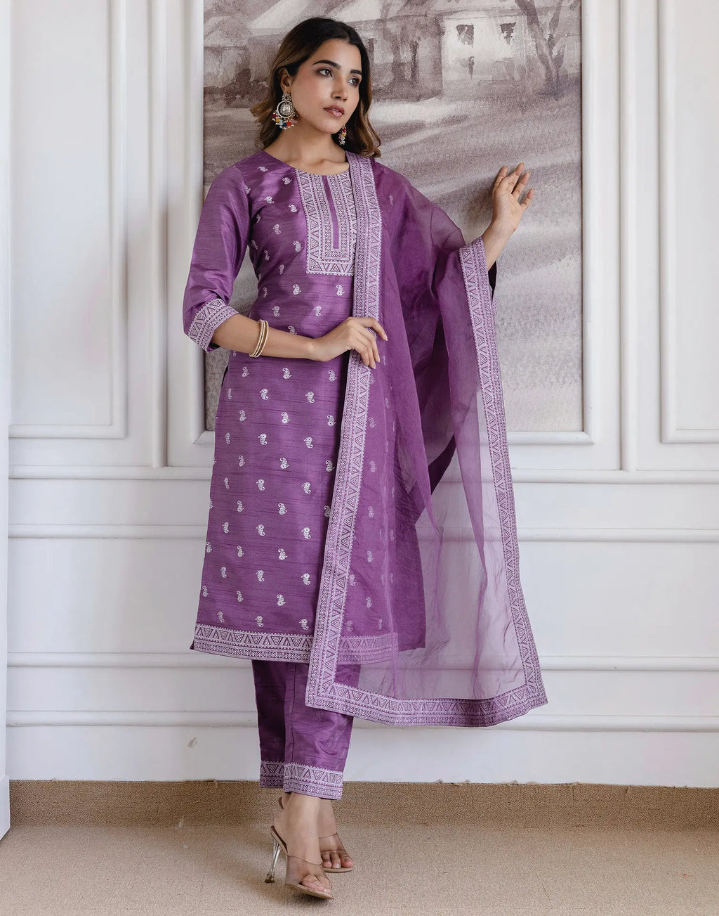 Silk Blend Printed Straight 3 Piece Kurta Set