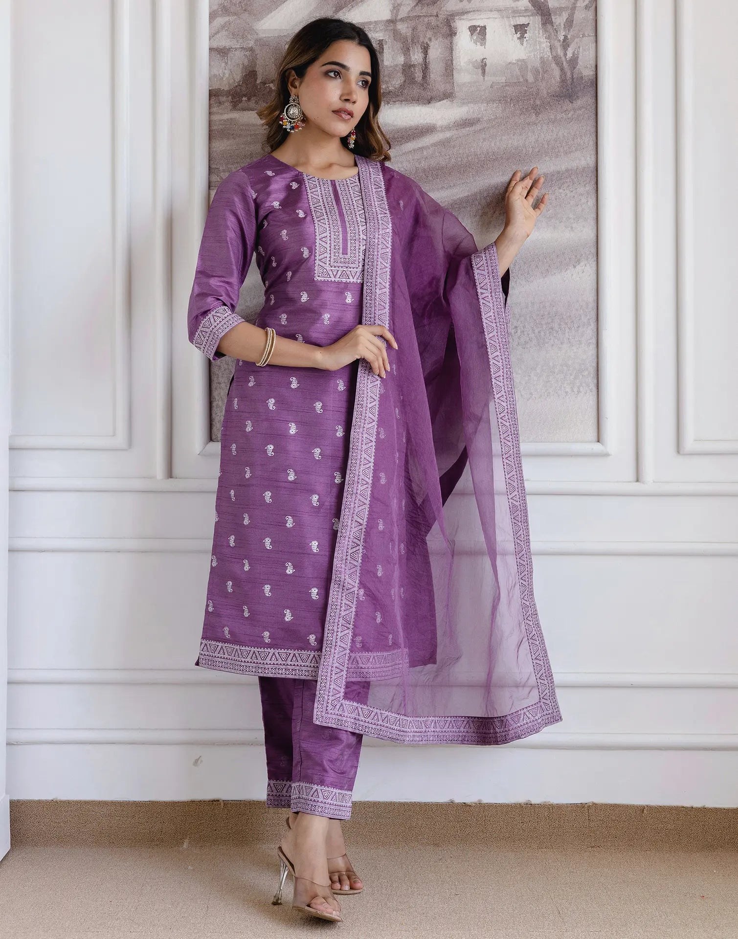Silk Blend Printed Straight 3 Piece Kurta Set