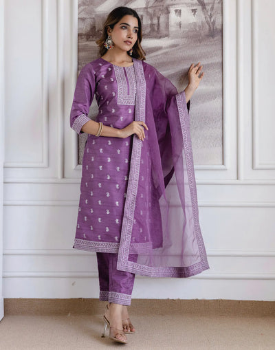Silk Blend Printed Straight 3 Piece Kurta Set