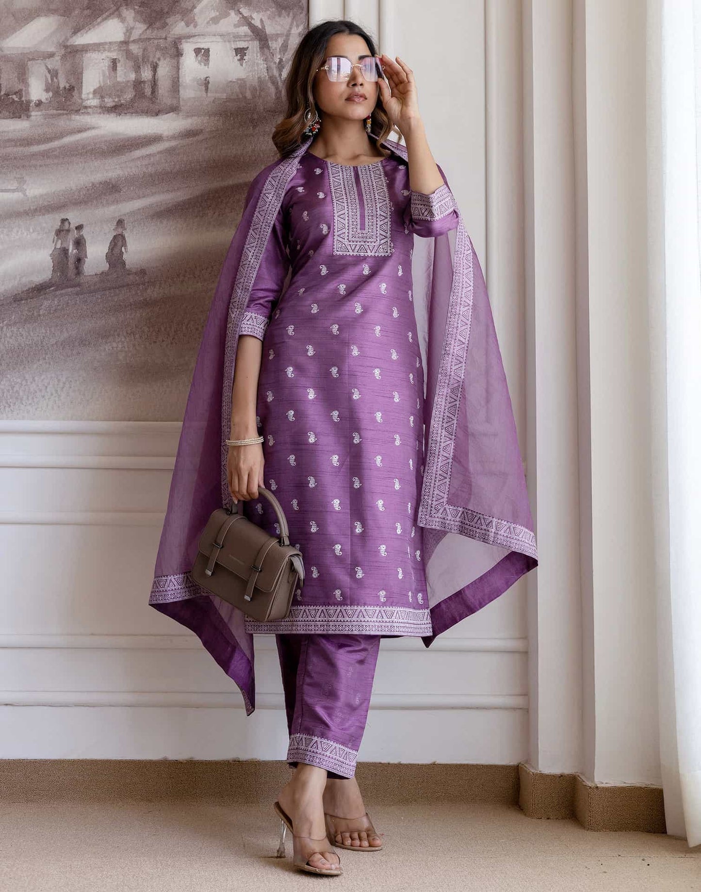 Silk Blend Printed Straight Kurta with Pant & Dupatta