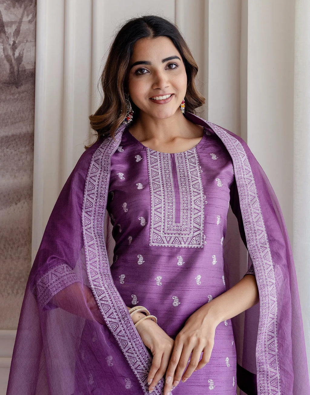 Silk Blend Printed Straight 3 Piece Kurta Set